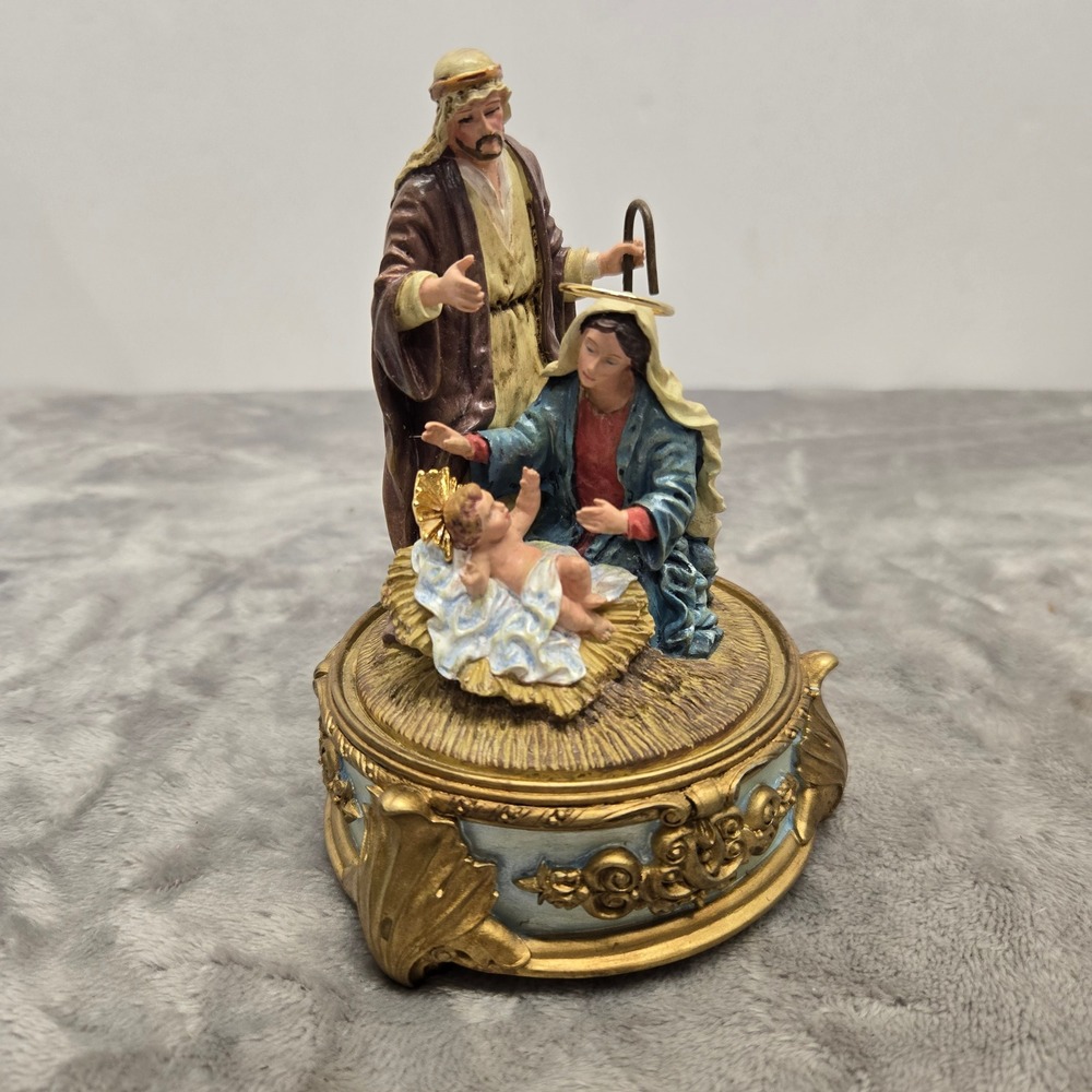 Teleflora Nativity Scene Musical Figurine Holy Family Christmas Music Box Gold